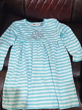 Striped Light Blue & White Kids  Dress- Monogram Detail